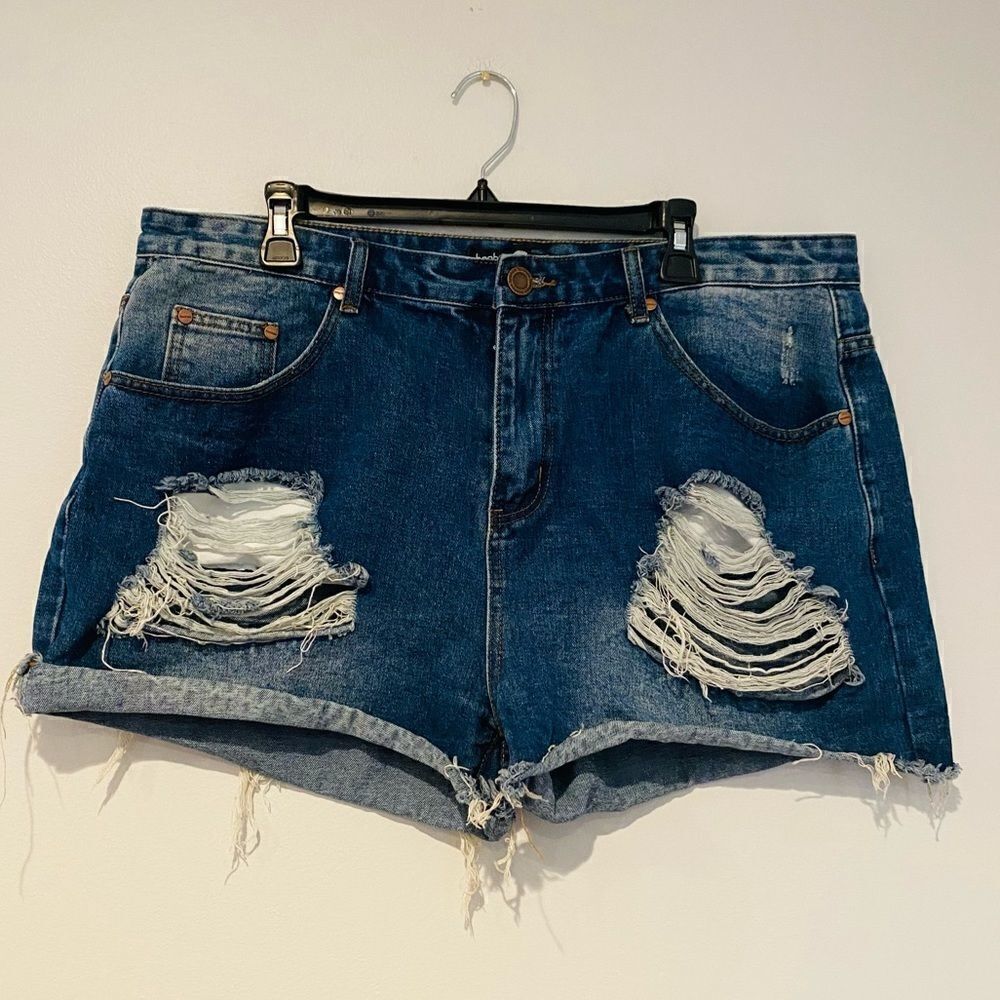 Boohoo Blue Distressed High Waist Denim Shorts Size 16